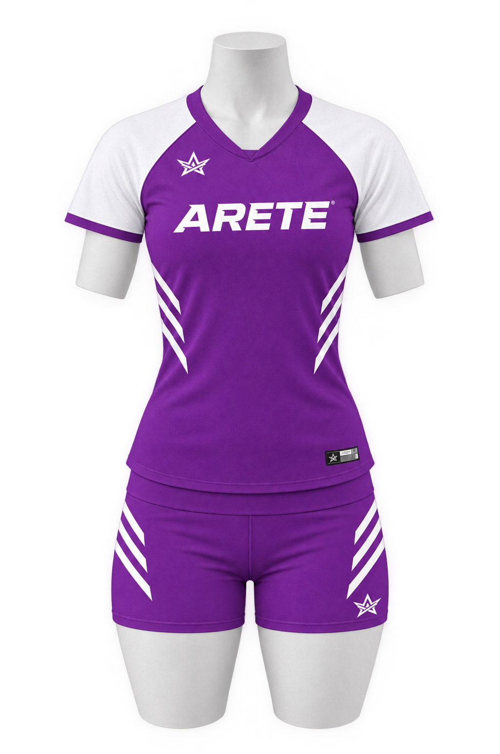 ARETE Spike volleyball uniform, purple short sleeve, on mannequin