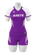 ARETE Spike volleyball uniform, purple short sleeve, on mannequin