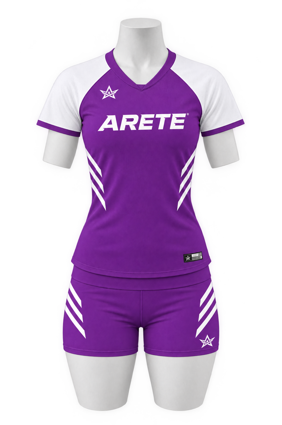 ARETE Spike volleyball uniform, purple short sleeve, on mannequin