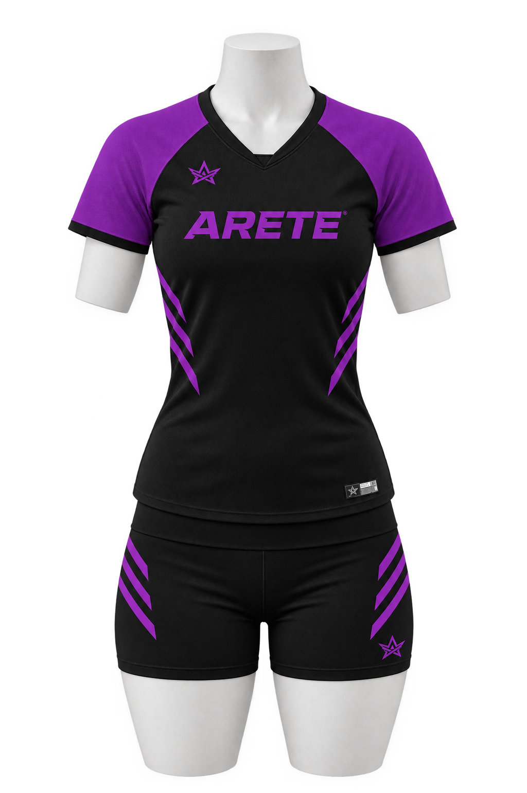 ARETE Spike volleyball uniform, black short sleeve, on mannequin