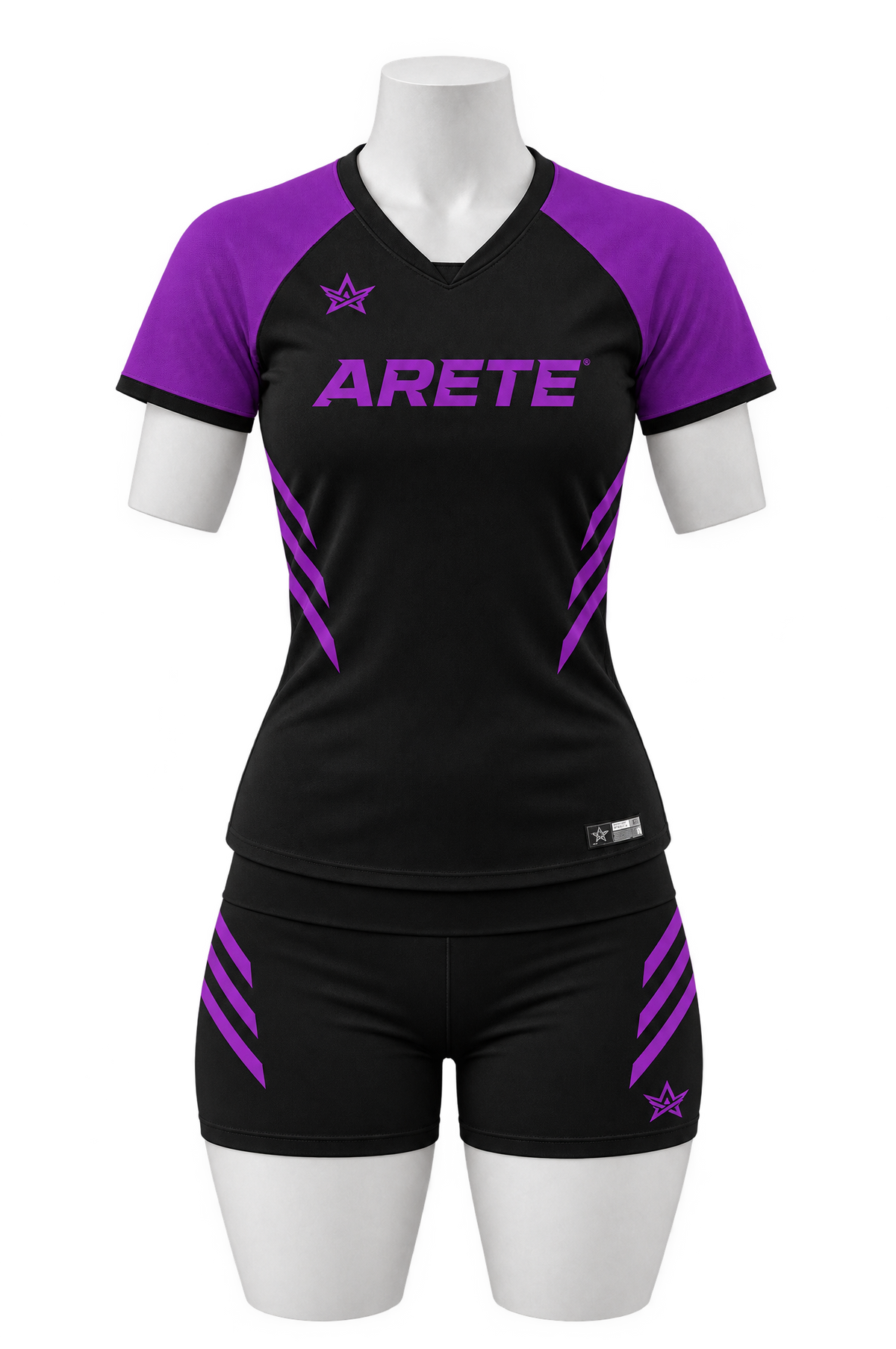 ARETE Spike volleyball uniform, black short sleeve, on mannequin