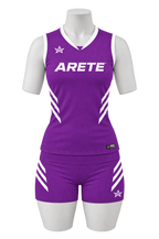 ARETE Spike volleyball uniform, purple sleeveless, on mannequin
