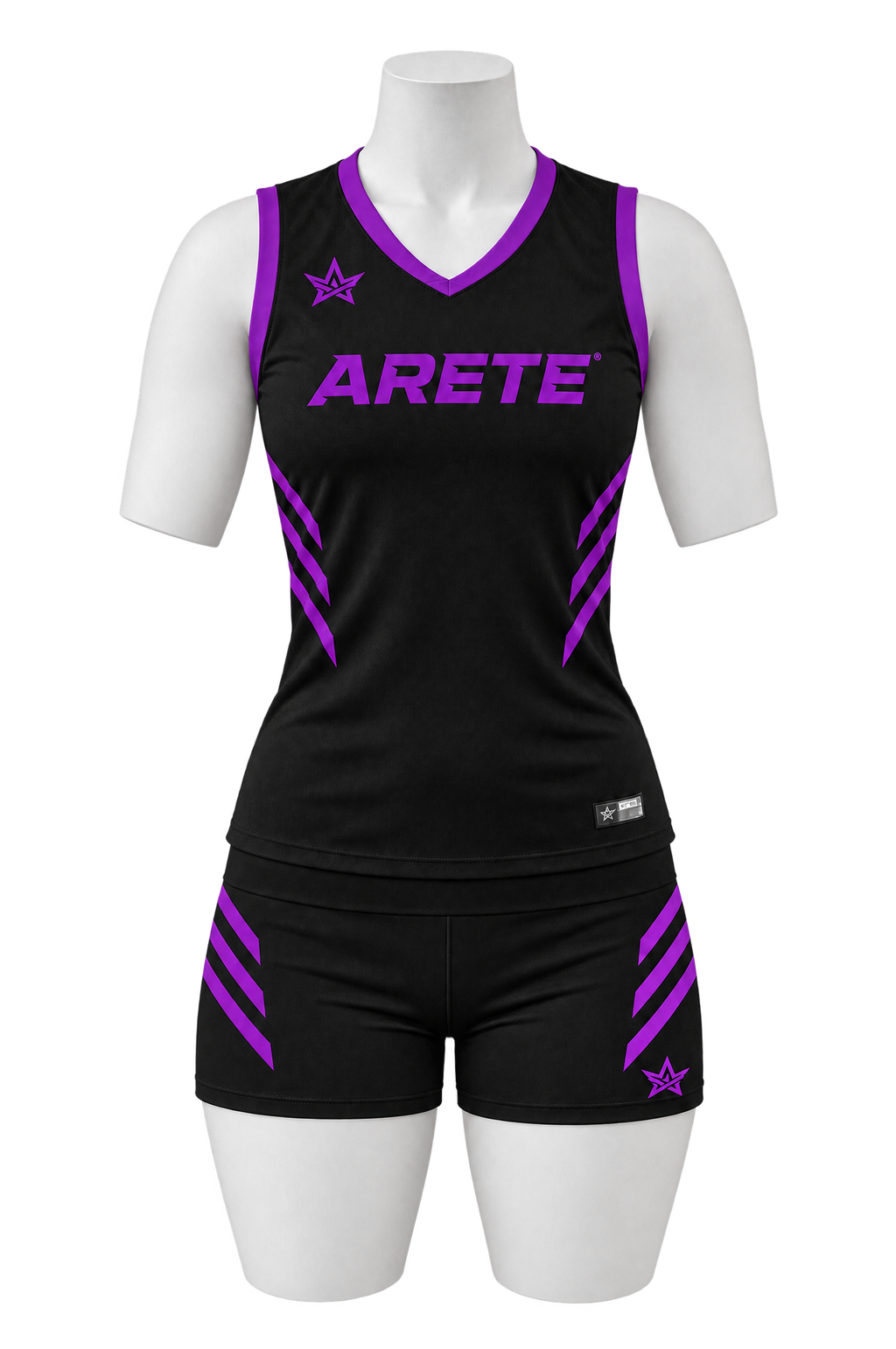 ARETE Spike volleyball uniform, black sleeveless, on mannequin