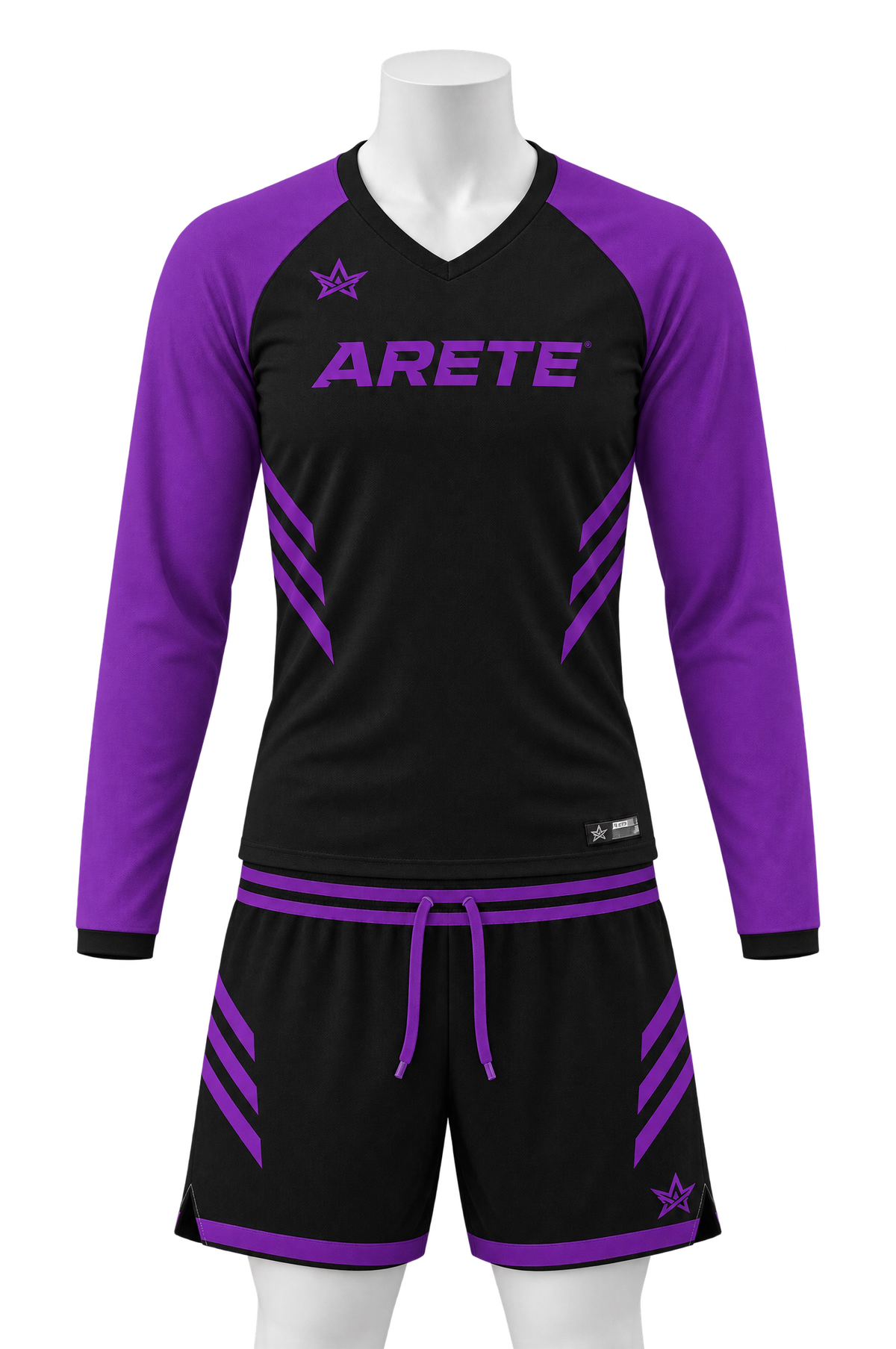 ARETE Spike men's volleyball uniform, black long sleeve, on mannequin