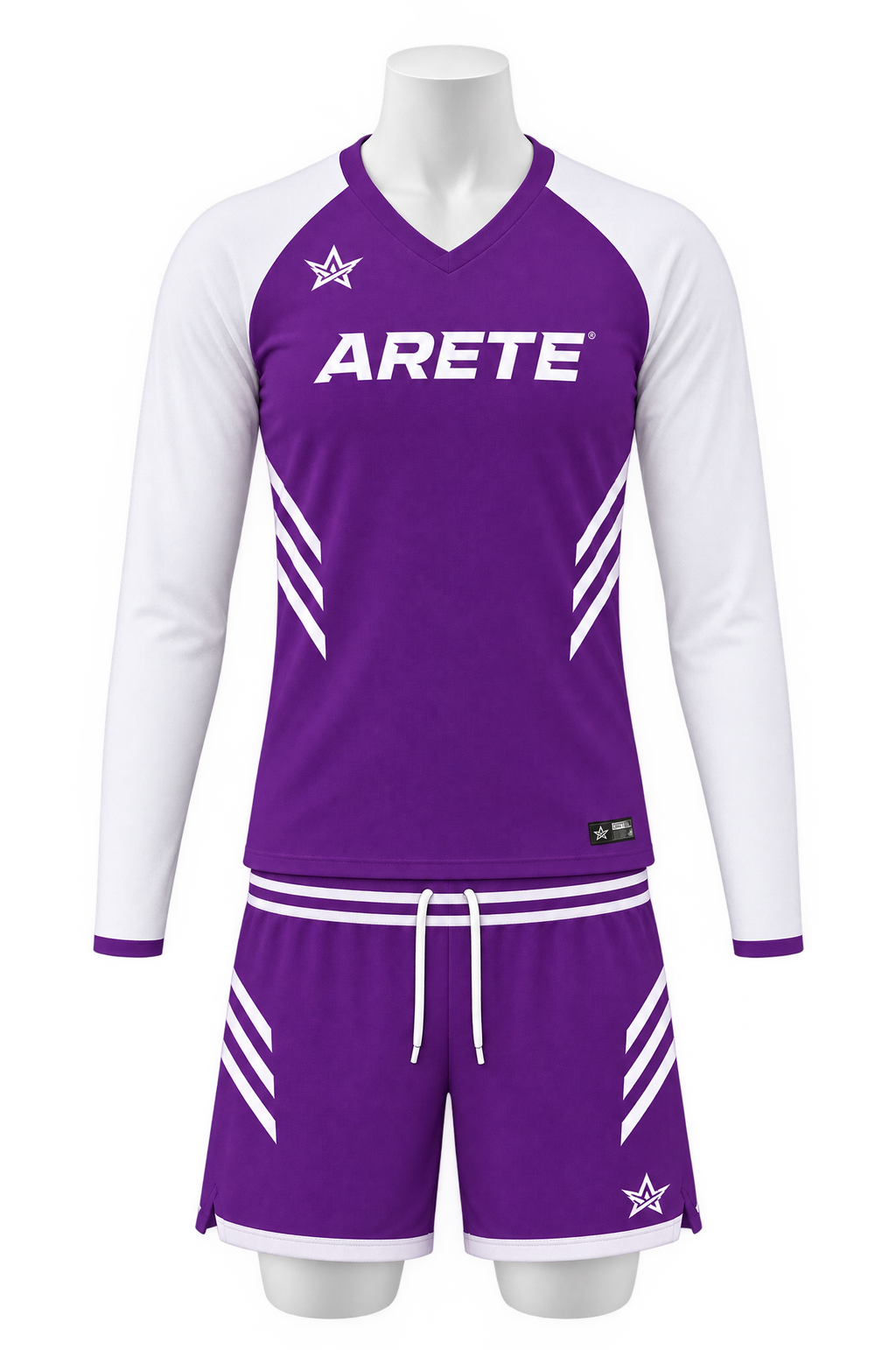 ARETE Spike men's volleyball uniform, purple long sleeve, on mannequin