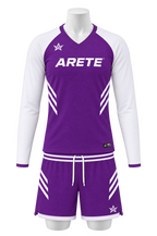 ARETE Spike men's volleyball uniform, purple long sleeve, on mannequin