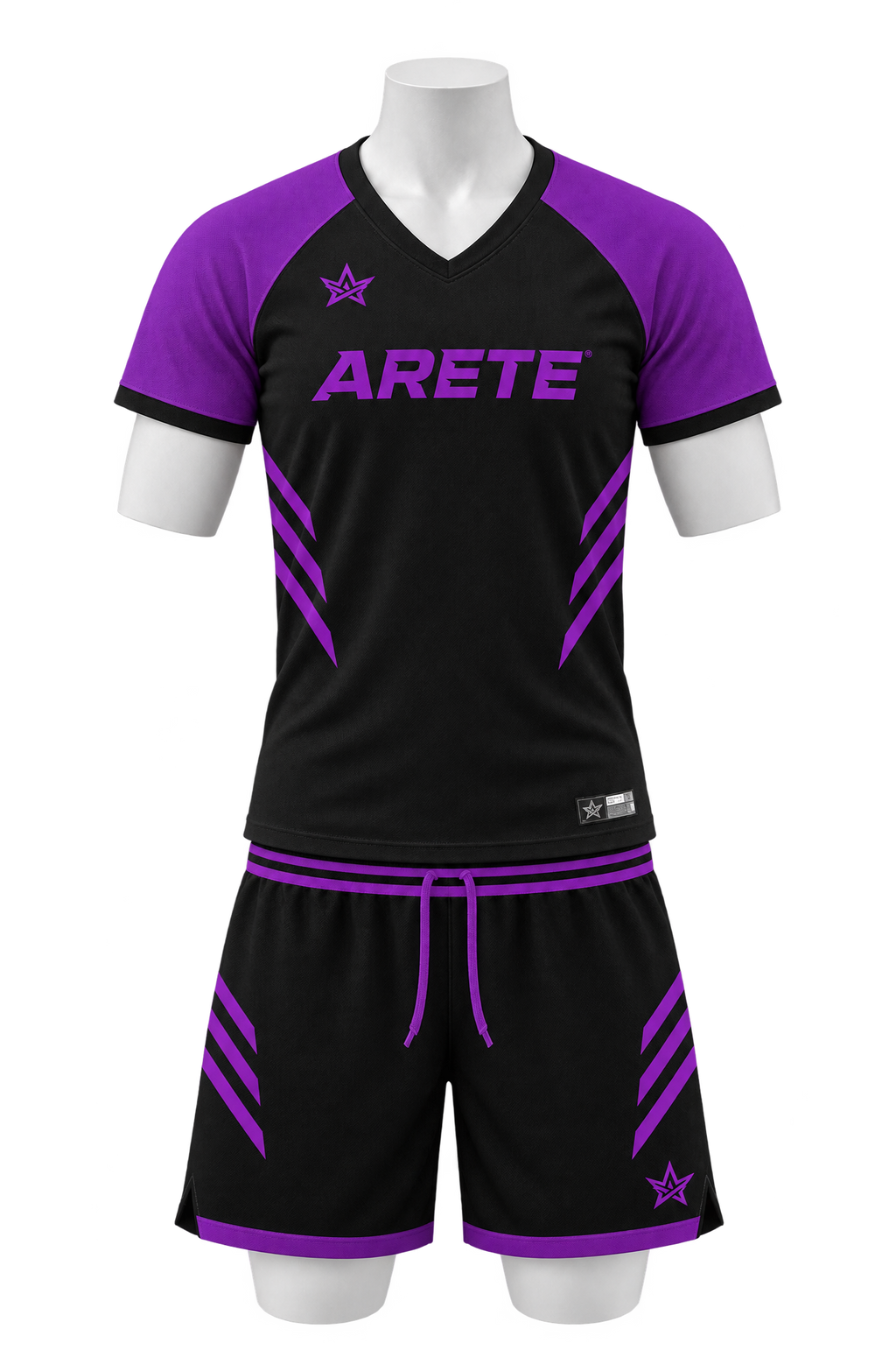 ARETE Spike men's volleyball uniform, black short sleeve, on mannequin