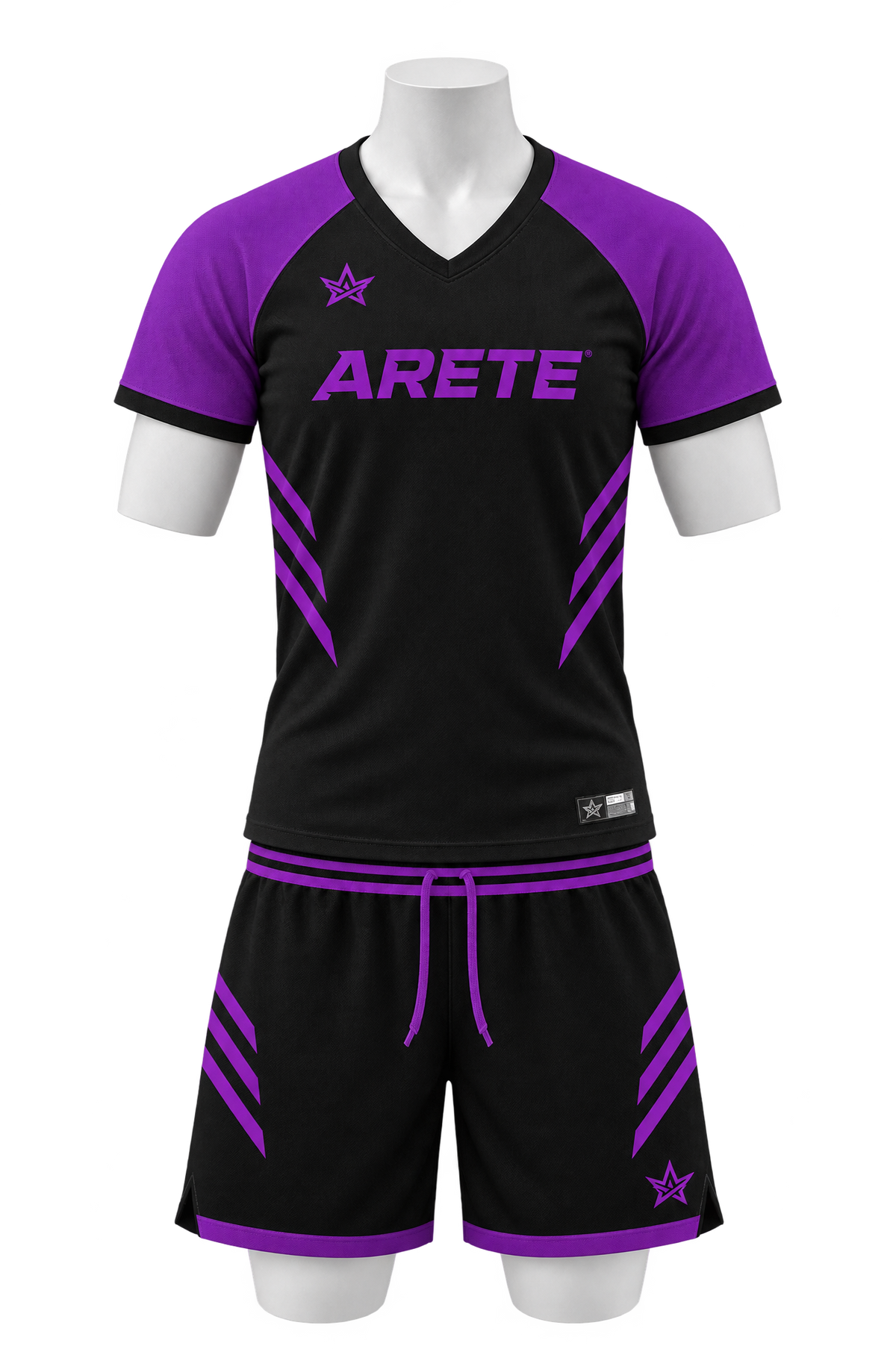 ARETE Spike men's volleyball uniform, black short sleeve, on mannequin