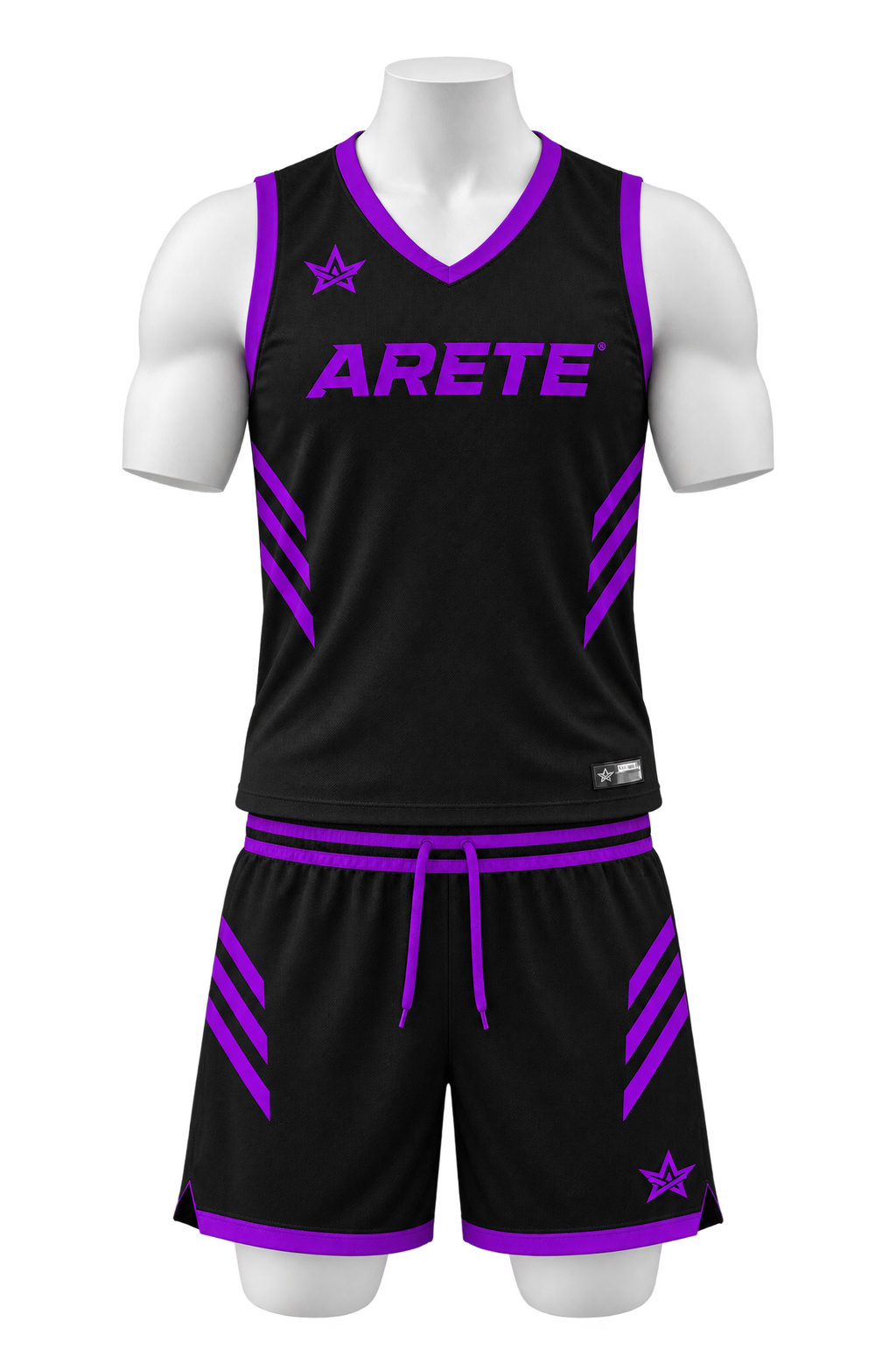 ARETE Spike men's volleyball uniform, black sleeveless, on mannequin