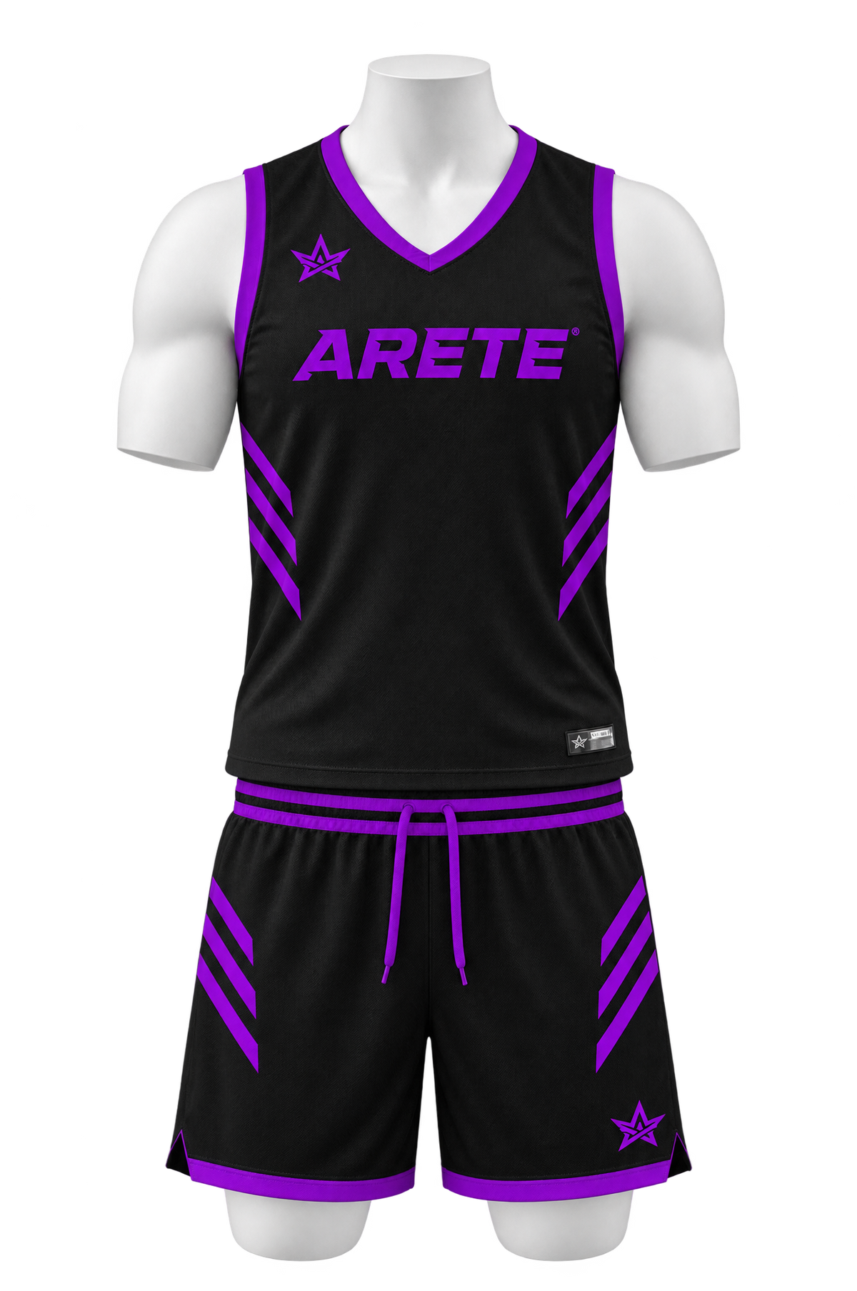 ARETE Spike men's volleyball uniform, black sleeveless, on mannequin