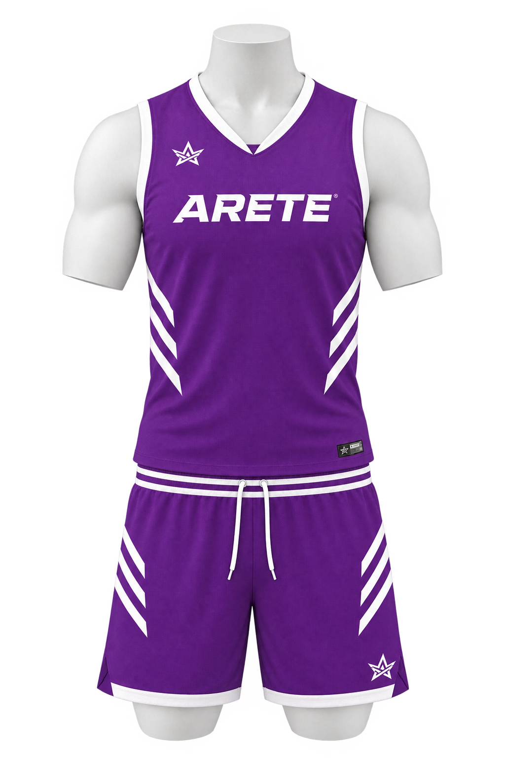 ARETE Spike men's volleyball uniform, purple sleeveless, on mannequin