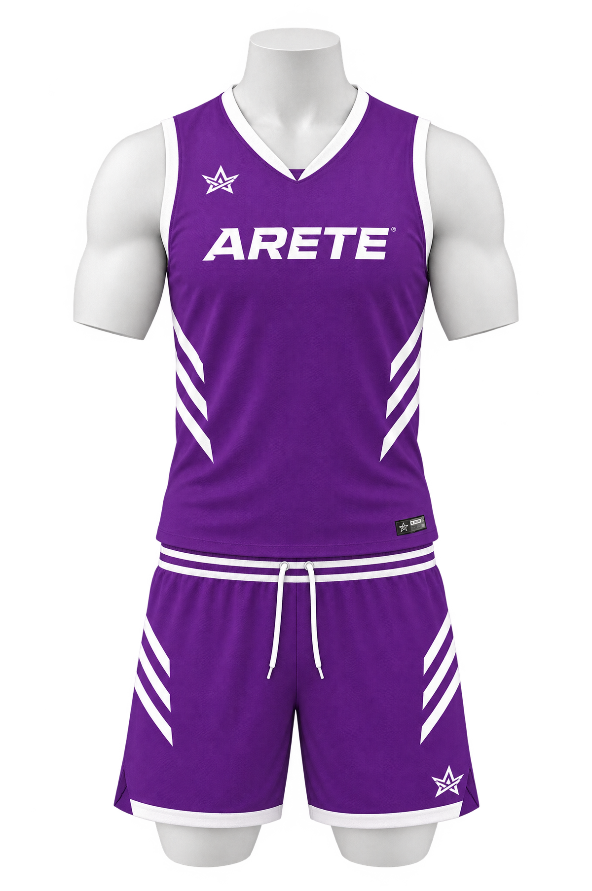 ARETE Spike men's volleyball uniform, purple sleeveless, on mannequin