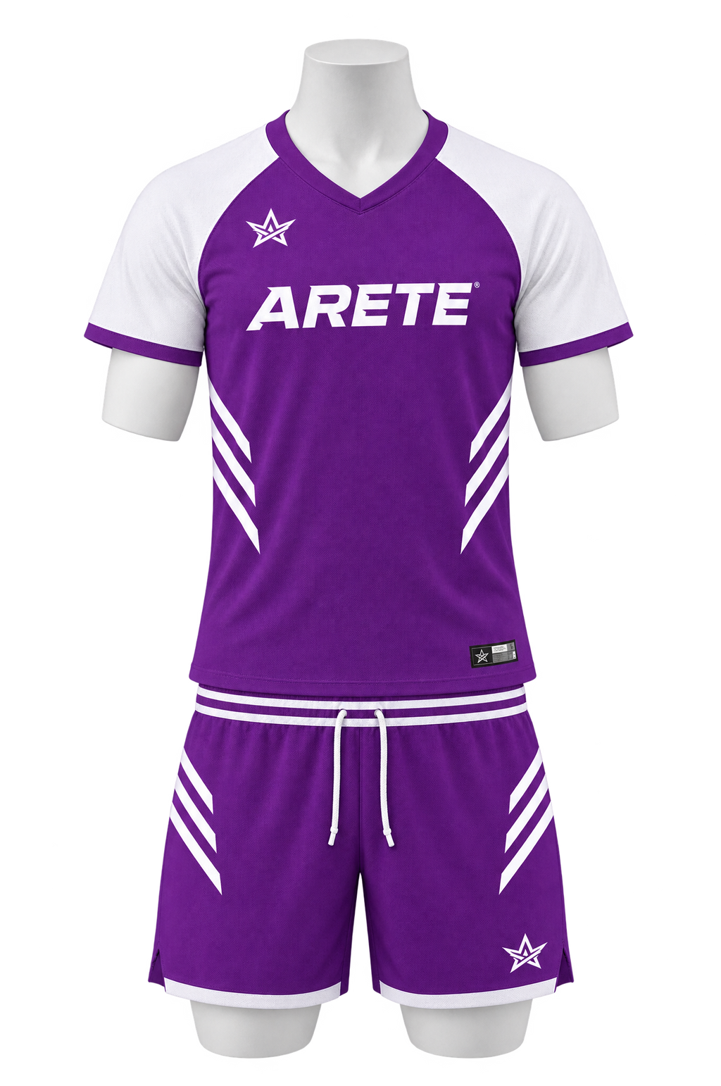 ARETE Spike men's volleyball uniform, purple short sleeve, on mannequin