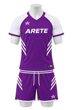 ARETE Spike men's volleyball uniform, purple short sleeve, on mannequin