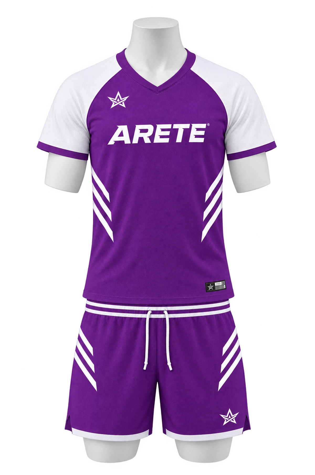 ARETE Spike men's volleyball uniform, purple short sleeve, on mannequin